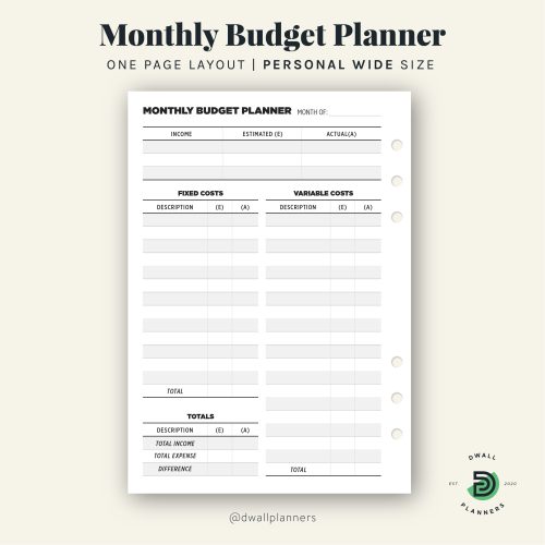 Monthly Budget Planner | Personal Wide