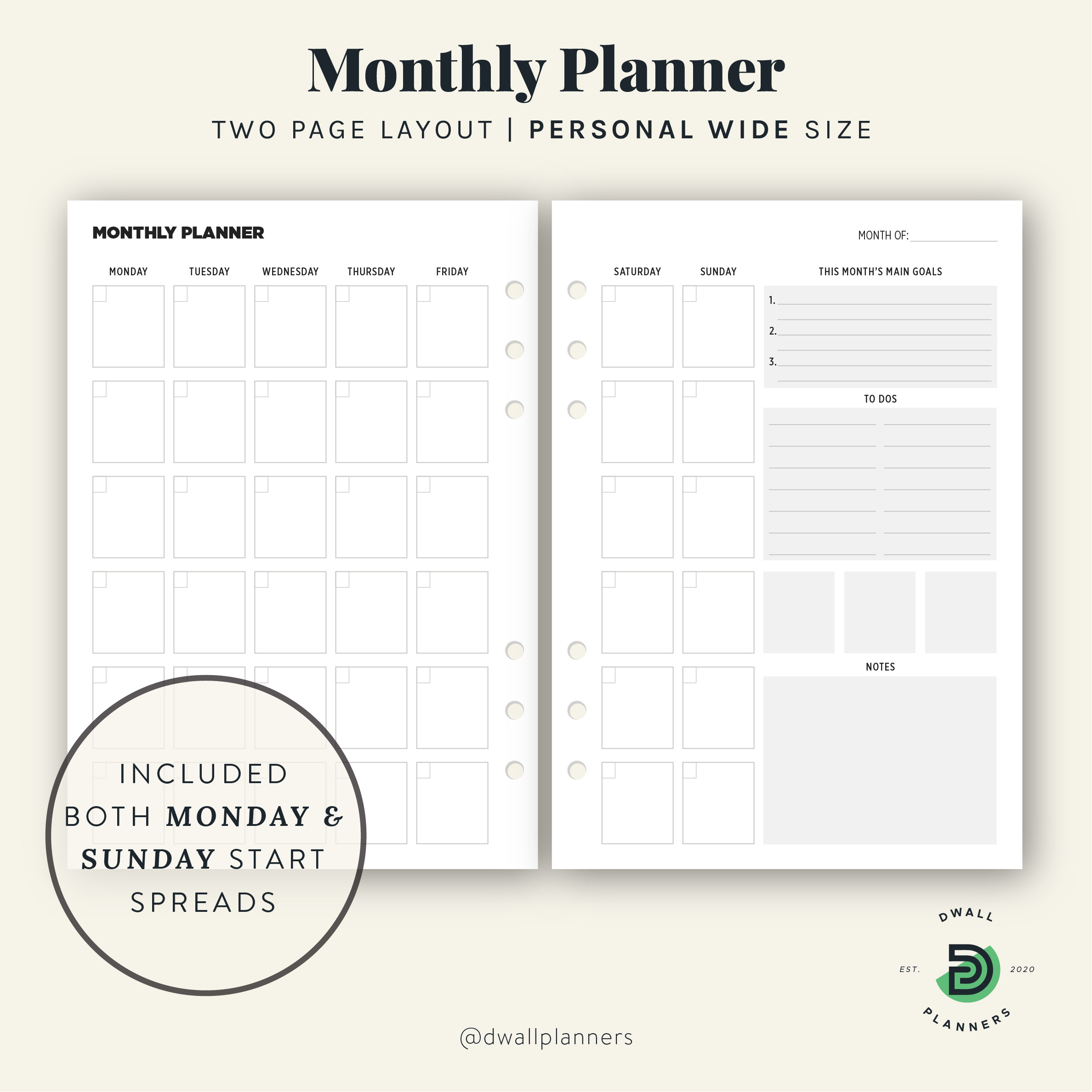 Monthly Planner Printable Insert, Monthly Planner Personal Wide size, Undated Monthly Planner Template, Personal Wide Printable Planner