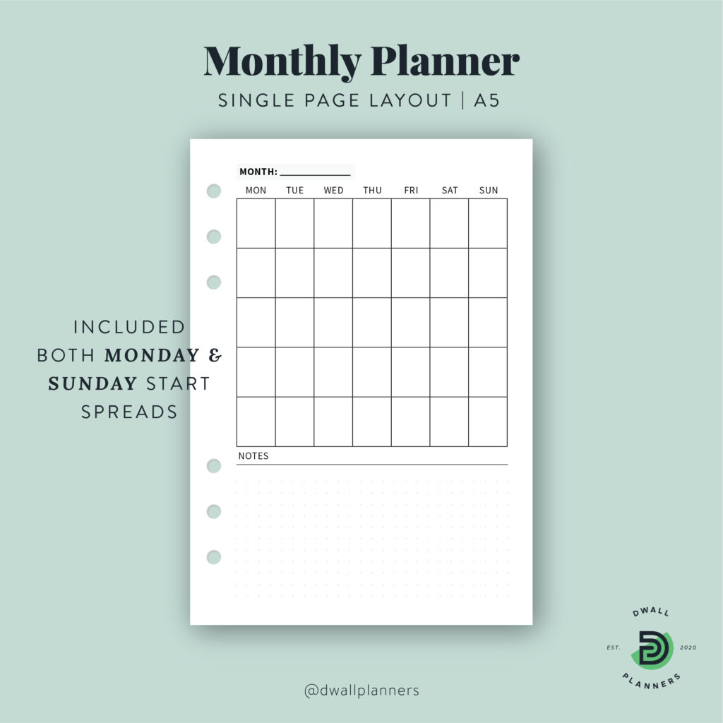 A6 Planner Inserts Monthy Undated PRINTED Month on Two Pages
