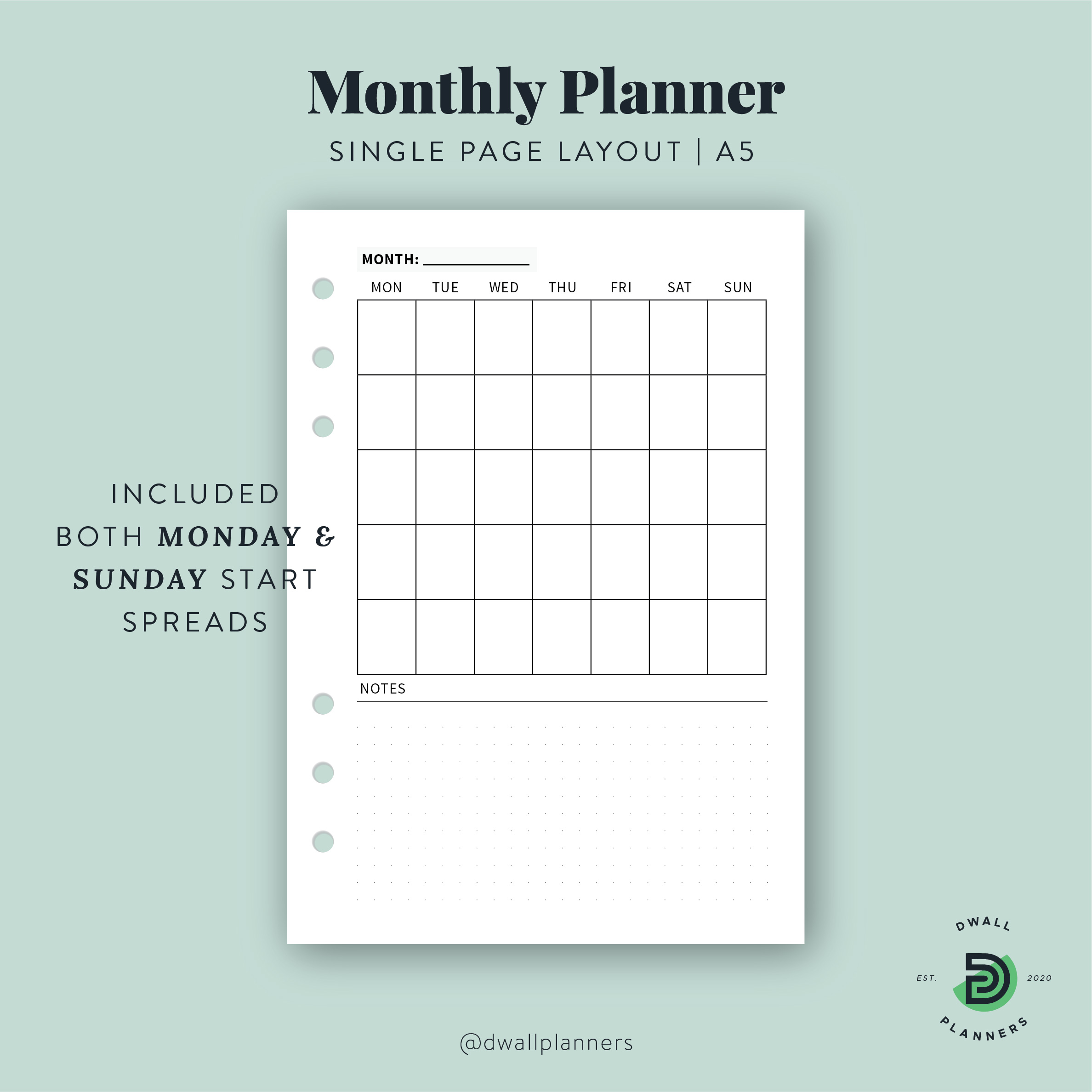 Undated Monthly Planner Printable Insert A5 Designwall Studio