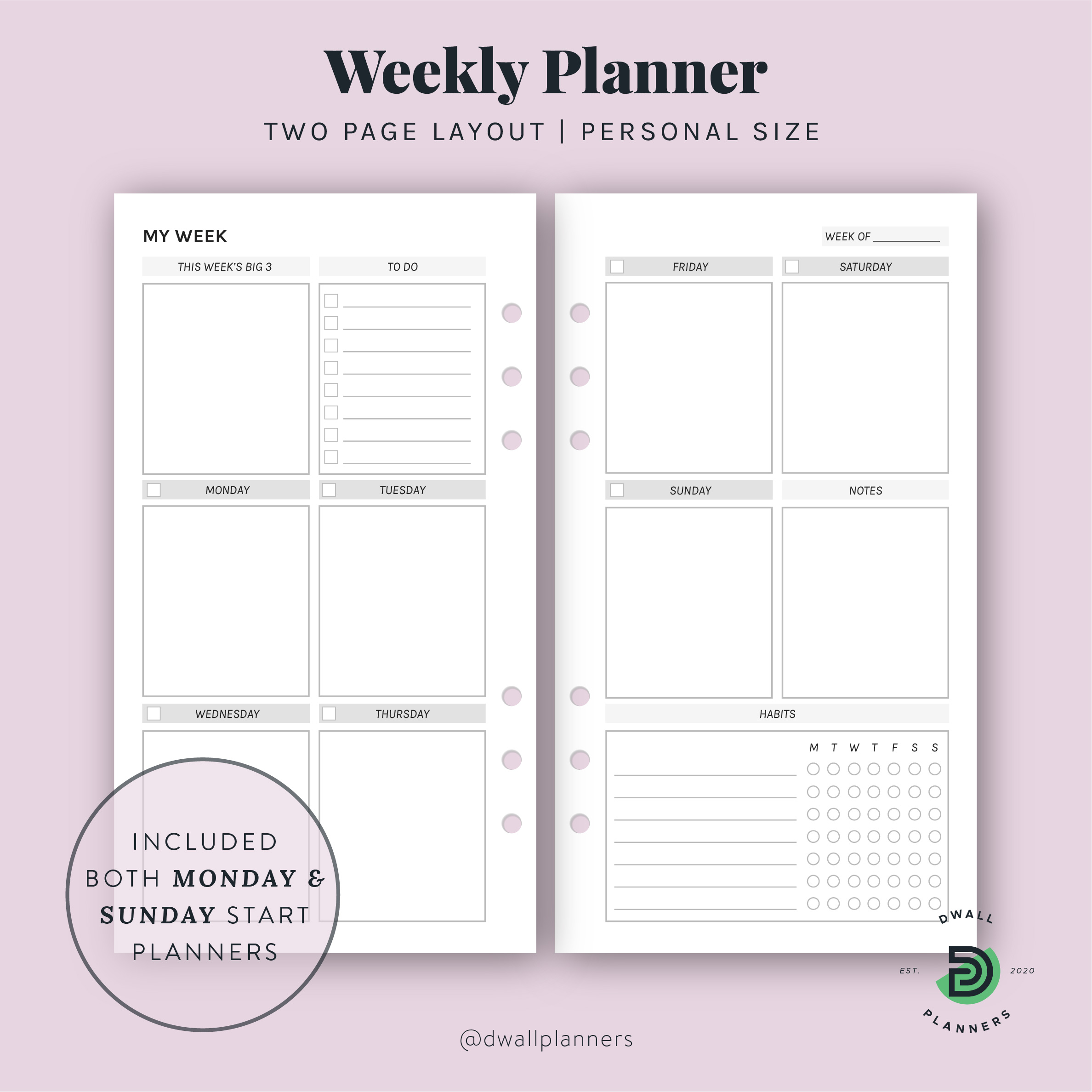 Personal Wide Rachels Weekly Agenda Week on 2 Pages, Minimal Design,  Printable Insert 