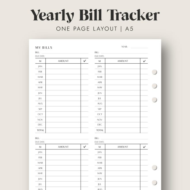 Yearly Bill Tracker Printable Insert in A5 size