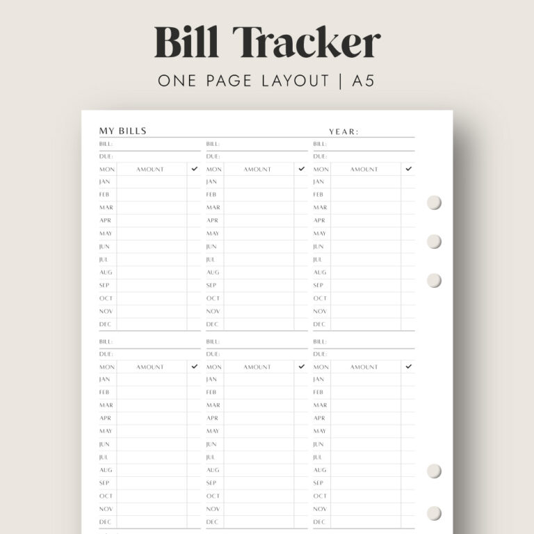 Bill Tracker Printable Insert in A5 size | One Page Layout