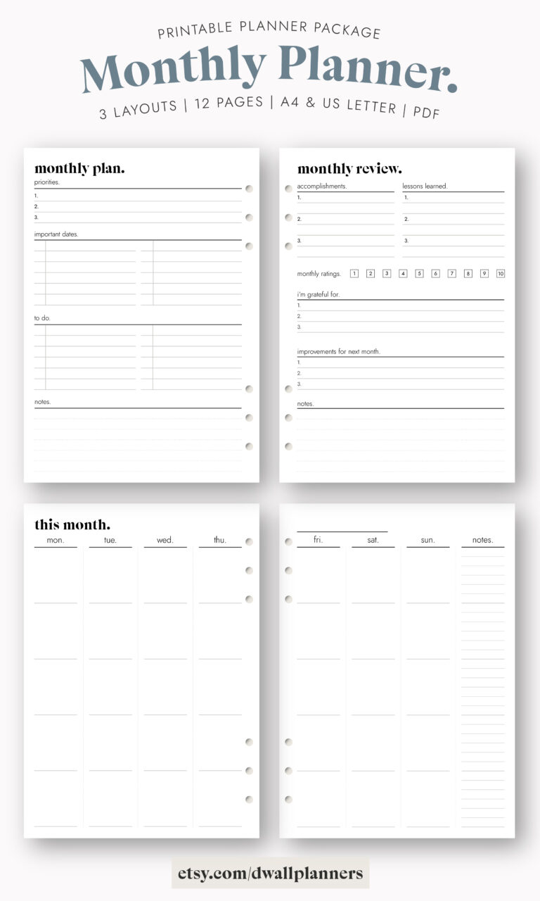 Monthly Planner A4 + US Letter Printable Planner Inserts, Simple and Clean Monthly Plan, Overview and Review Printable Insert