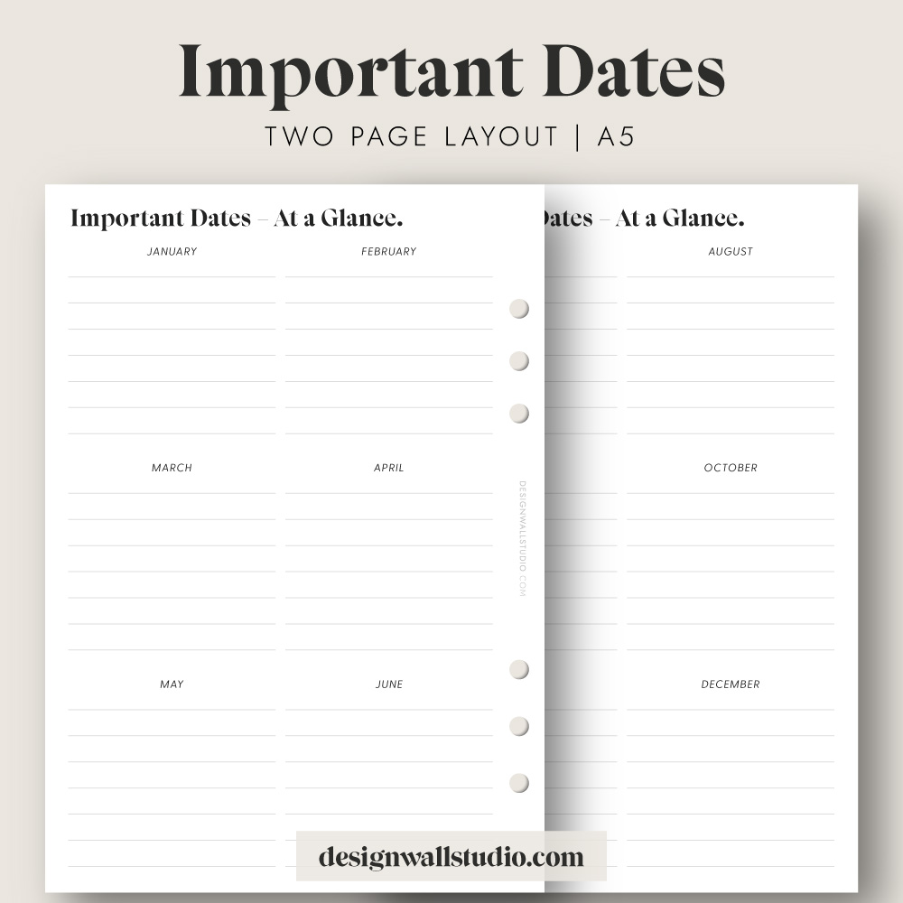 Important Dates At A Glance Printable Insert A5 Free Download 
