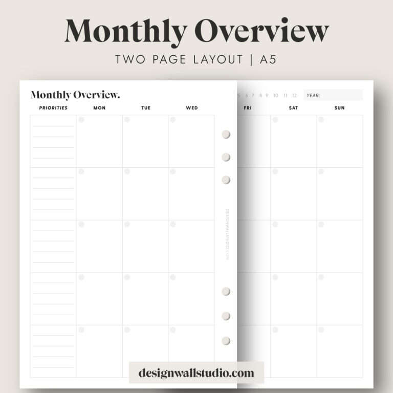 Monthly Overview – Printable Insert (A5) – Free Download | Two Page Layout
