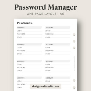 Password Manager – Printable Insert (A5) – Free Download | One Page Layout