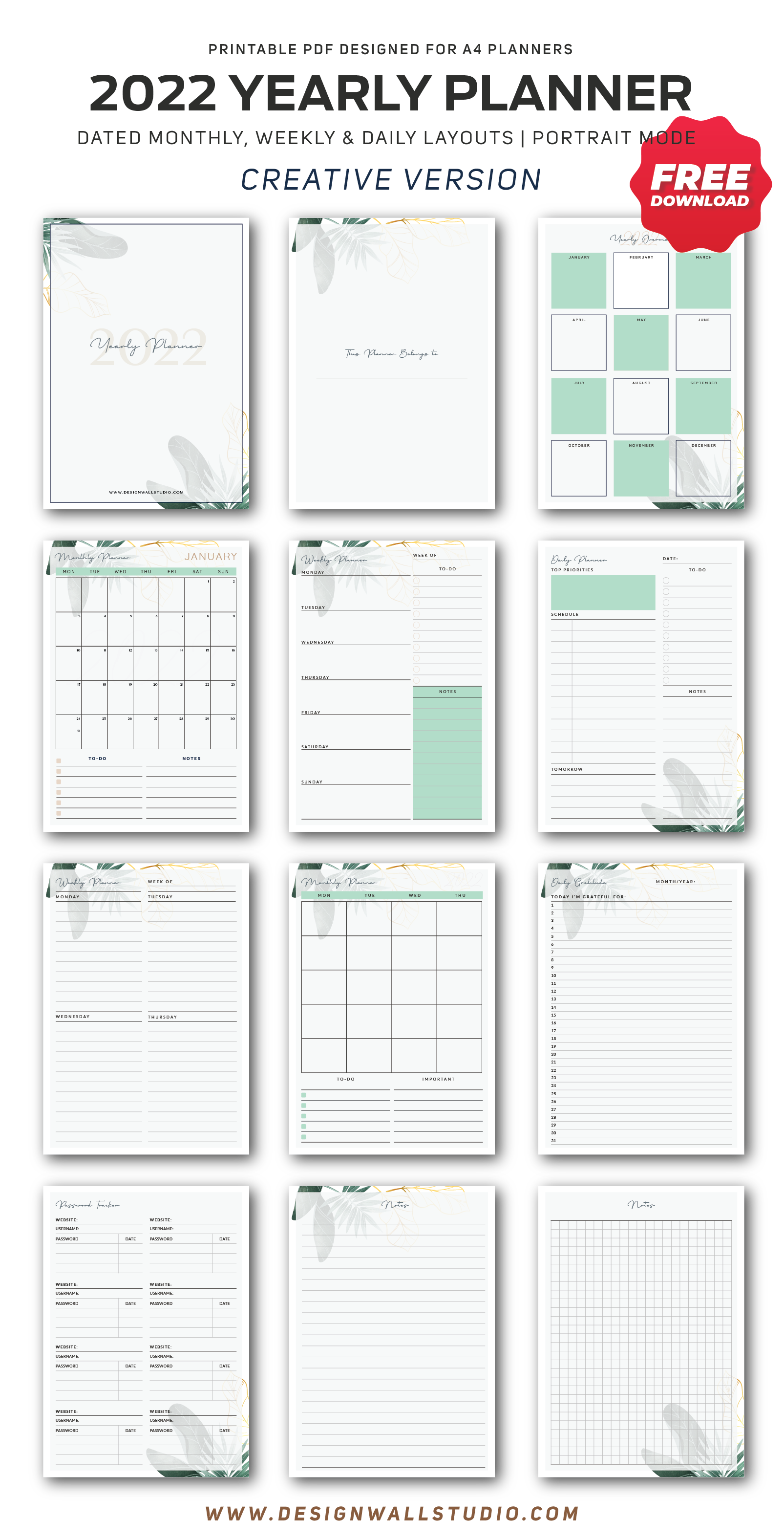 2022 Yearly Planner 12 Layouts (A4)