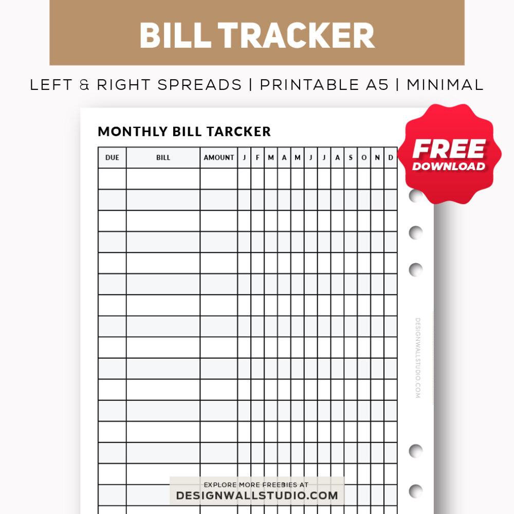 monthly bill tracker printable planner insert