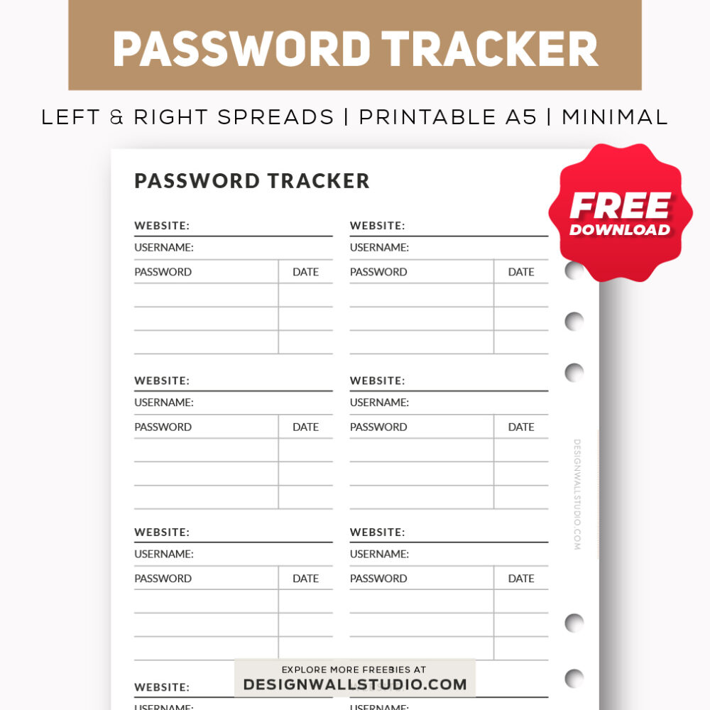 password tracker printable insert planner