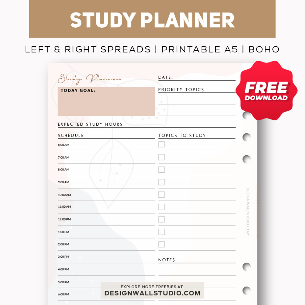 study planner printable insert for college and university students