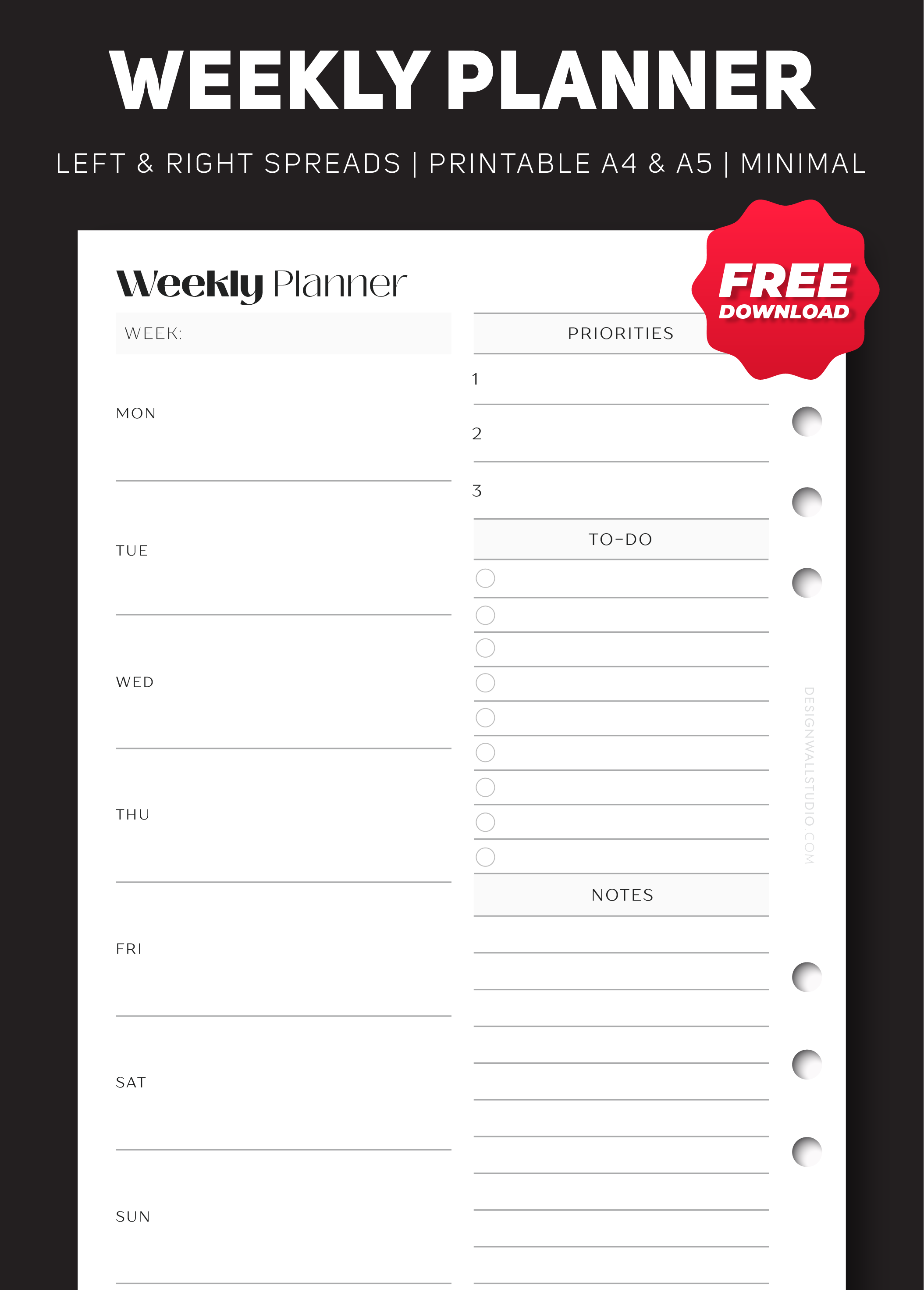 Weekly Planner| Printable | A4 & A5 | Free Download - Designwall Studio