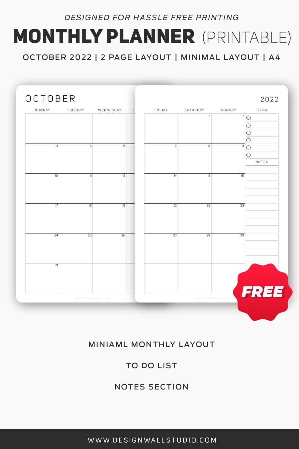 Monthly Planner | Printable | A4 | Free Download | 2 Page layout - Designwall Studio