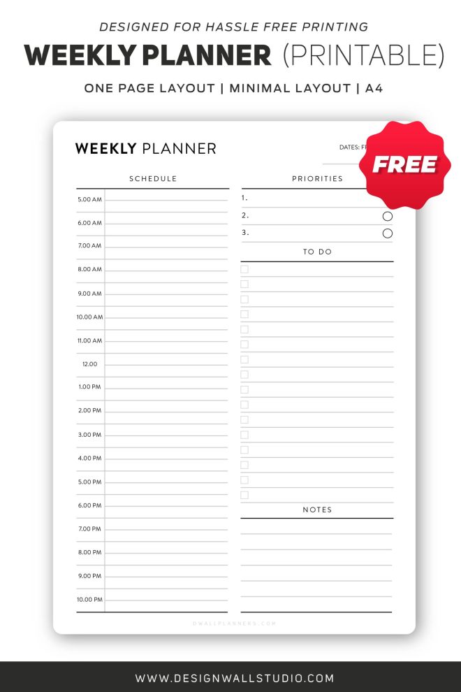 Weekly Planner| Printable | A4 | Free Download