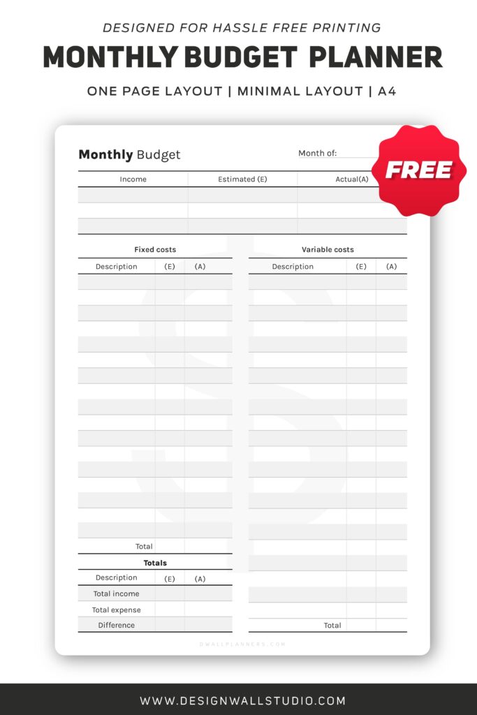 Monthly Budget Planner printable insert 