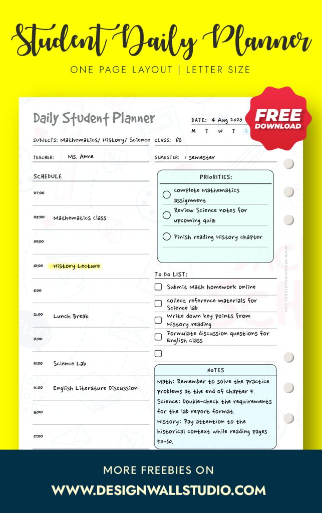 student daily planner back to school printable 