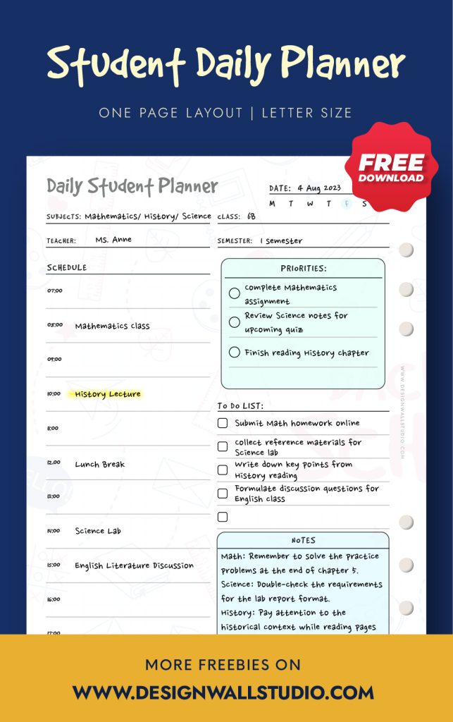 student daily planner back to school printable 