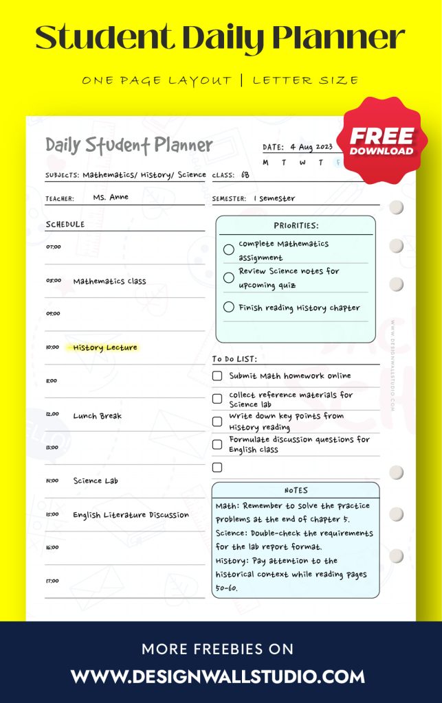 student daily planner back to school printable 